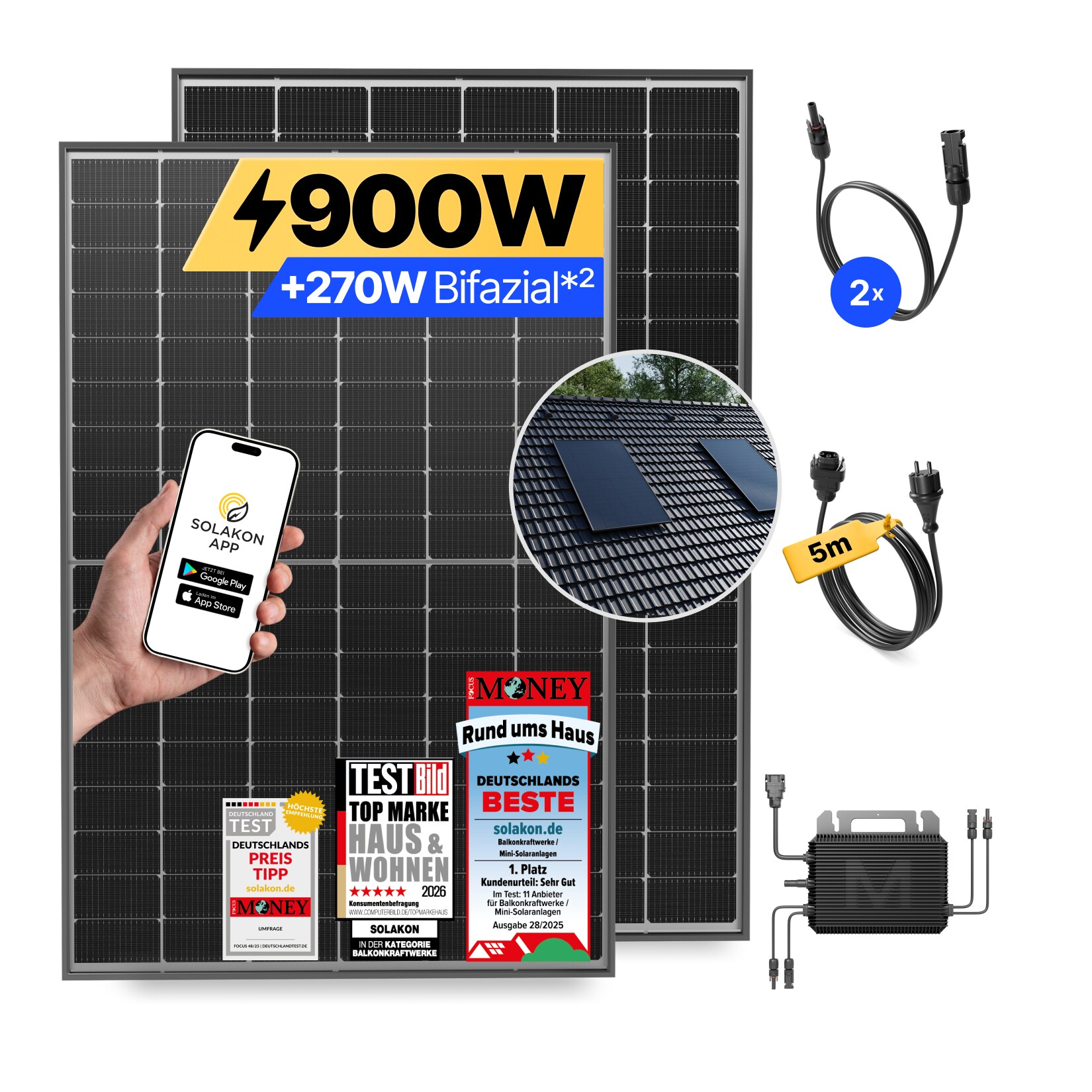 Balkonkraftwerk 900W/800W Solaranlage mit Dach Halterung (Einzelmontage) Halterung Steckerfertig WIFI Komplettset Photovoltaik Anlage 800W, Kabellänge: 5m