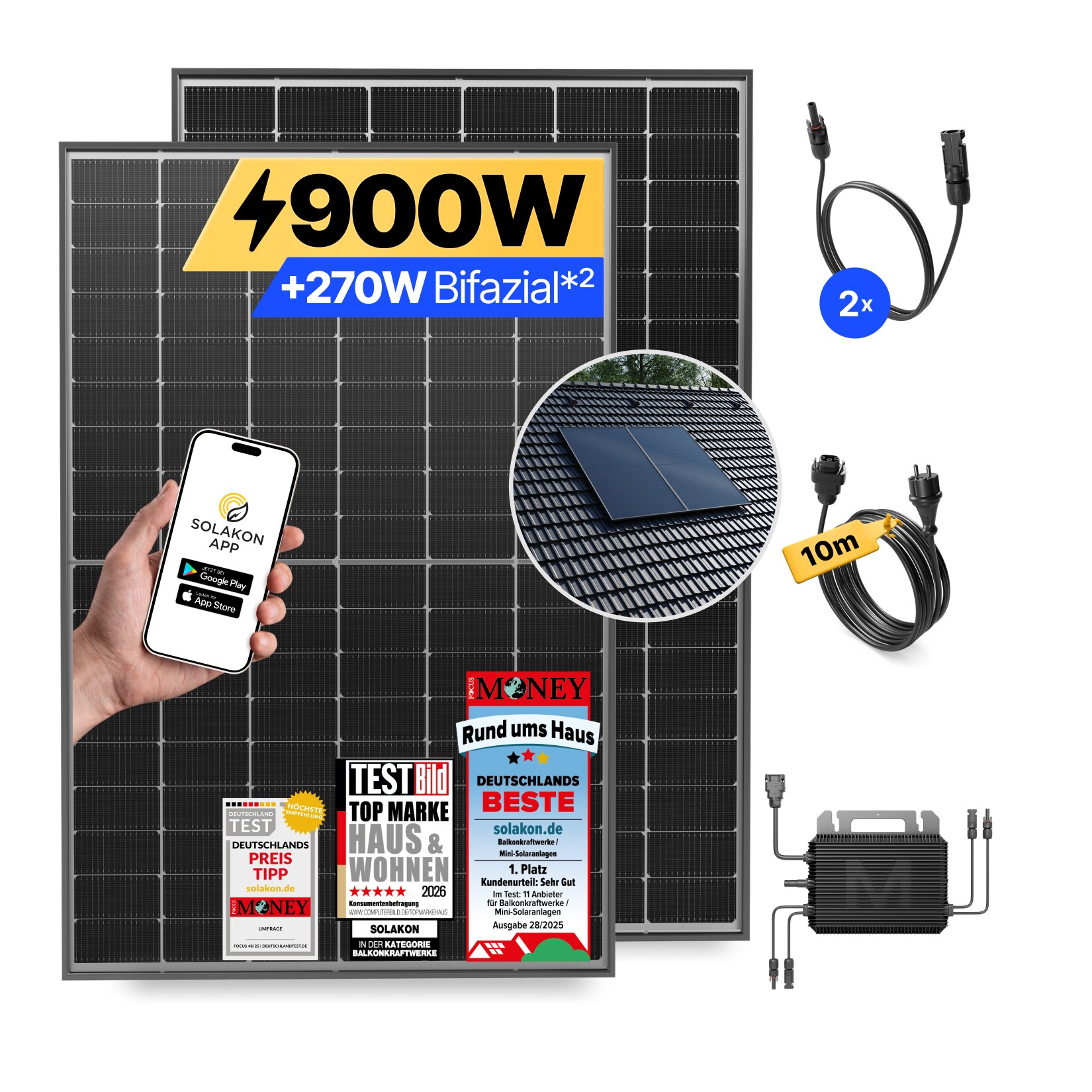 Balkonkraftwerk 900W/800W Solaranlage mit Dach Halterung (Paarmontage) Halterung Steckerfertig WIFI Komplettset Photovoltaik Anlage 800W, Kabellänge: 10m