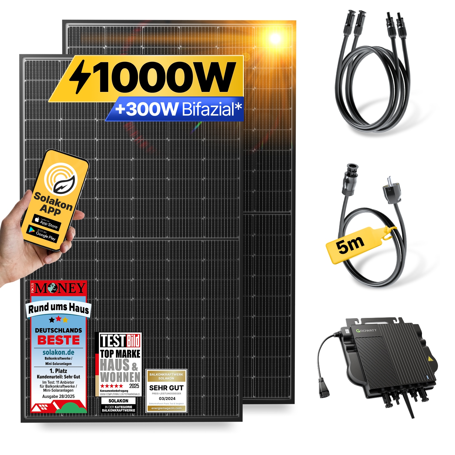 Balkonkraftwerk 1000W/800W Solaranlage Steckerfertig WIFI Komplettset Photovoltaik Anlage 800W, Kabell&auml;nge: 5m 