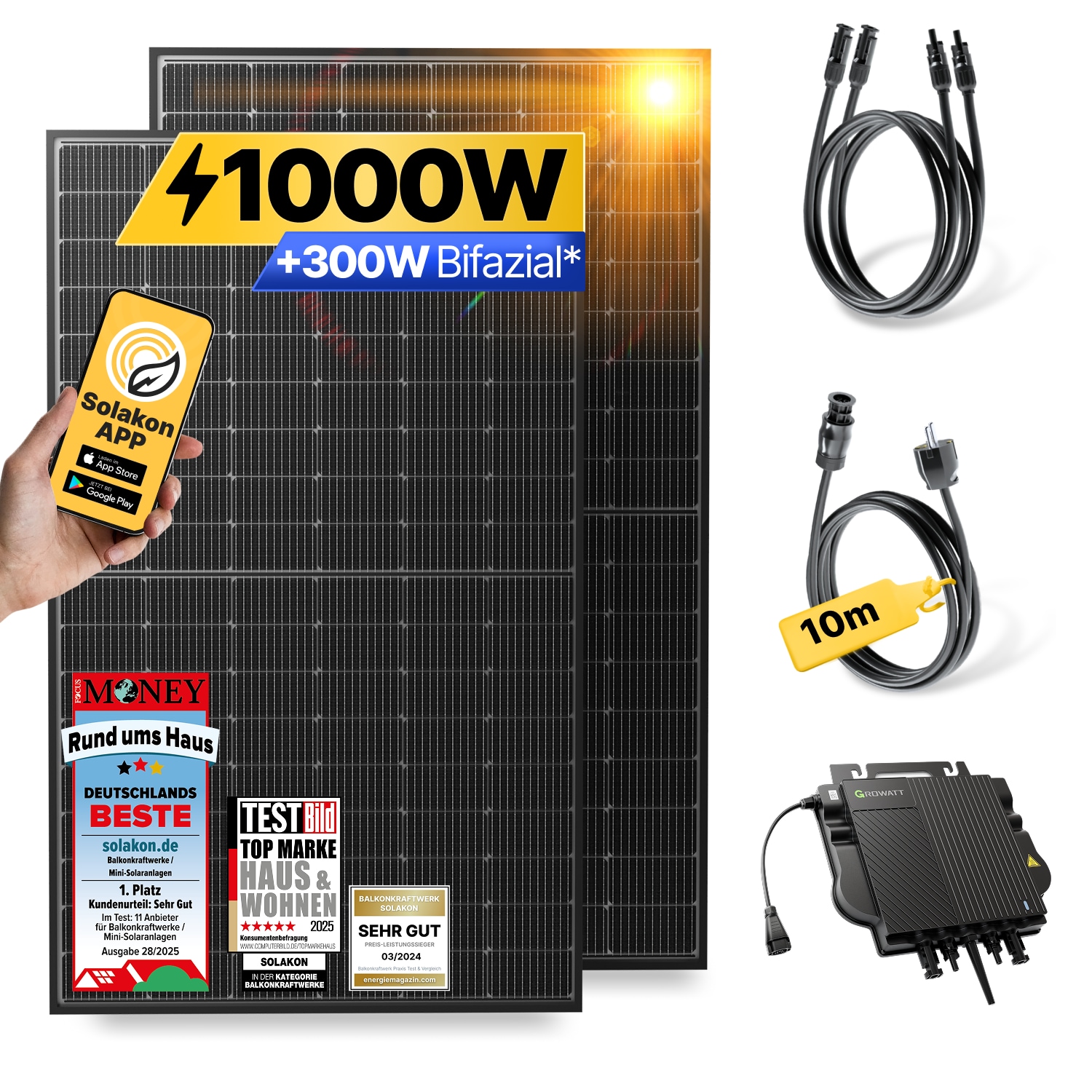 Balkonkraftwerk 1000W/800W Solaranlage Steckerfertig WIFI Komplettset Photovoltaik Anlage 800W, Kabell&auml;nge: 10m 