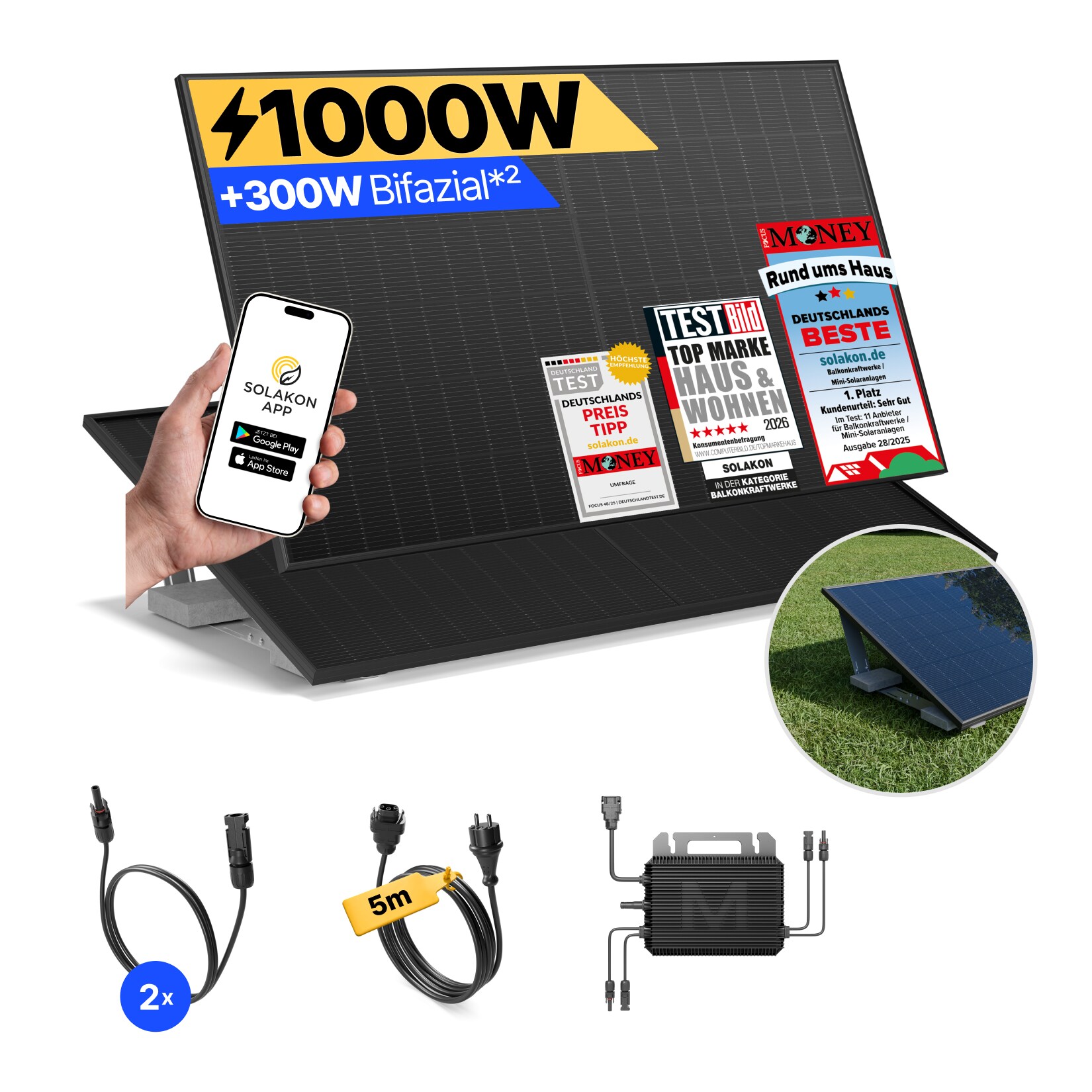 Balkonkraftwerk 1000W/800W Solaranlage mit Garten Halterung Steckerfertig WIFI Komplettset Photovoltaik Anlage 800W, Kabellänge: 5m