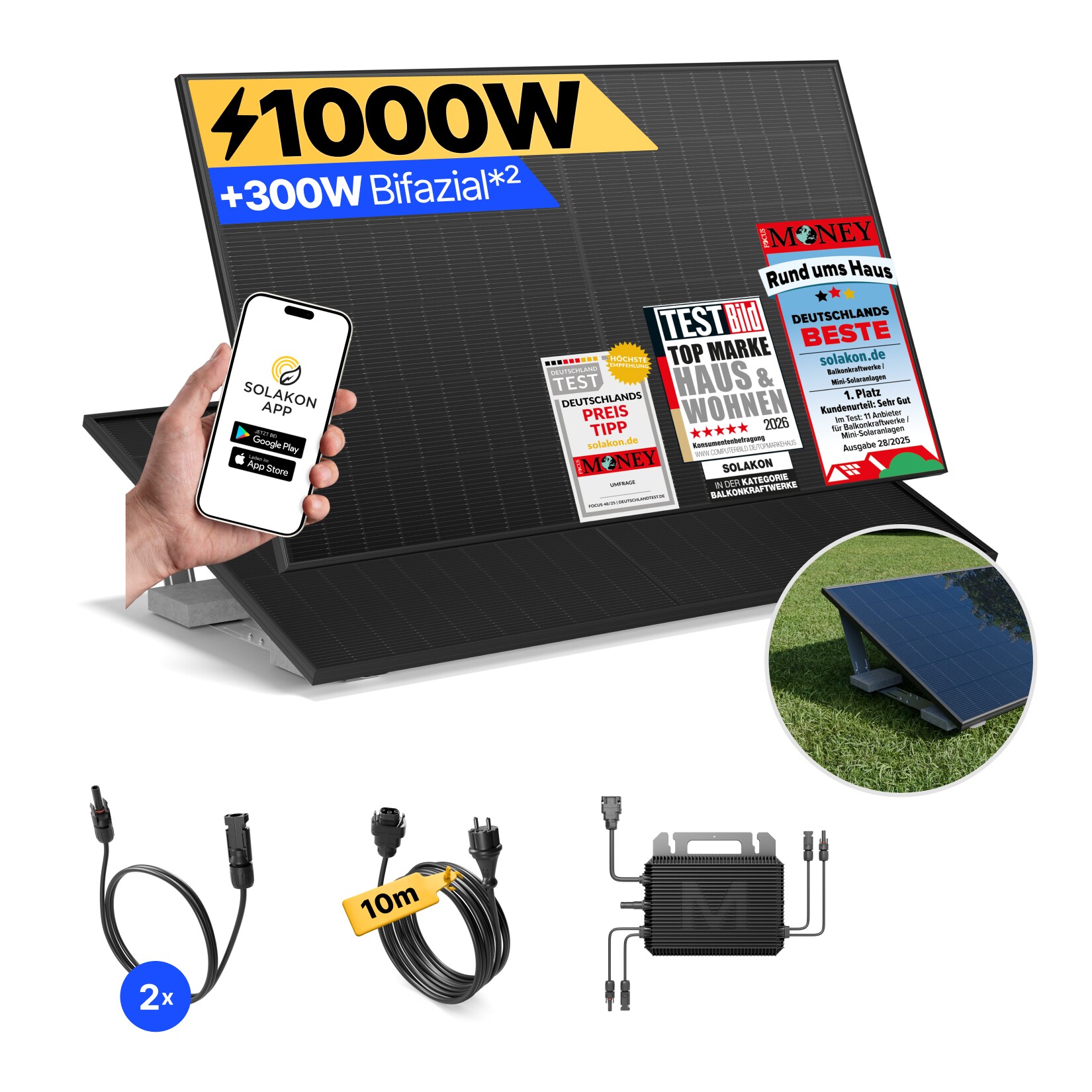 Balkonkraftwerk 1000W/800W Solaranlage mit Garten Halterung Steckerfertig WIFI Komplettset Photovoltaik Anlage 800W, Kabellänge: 10m