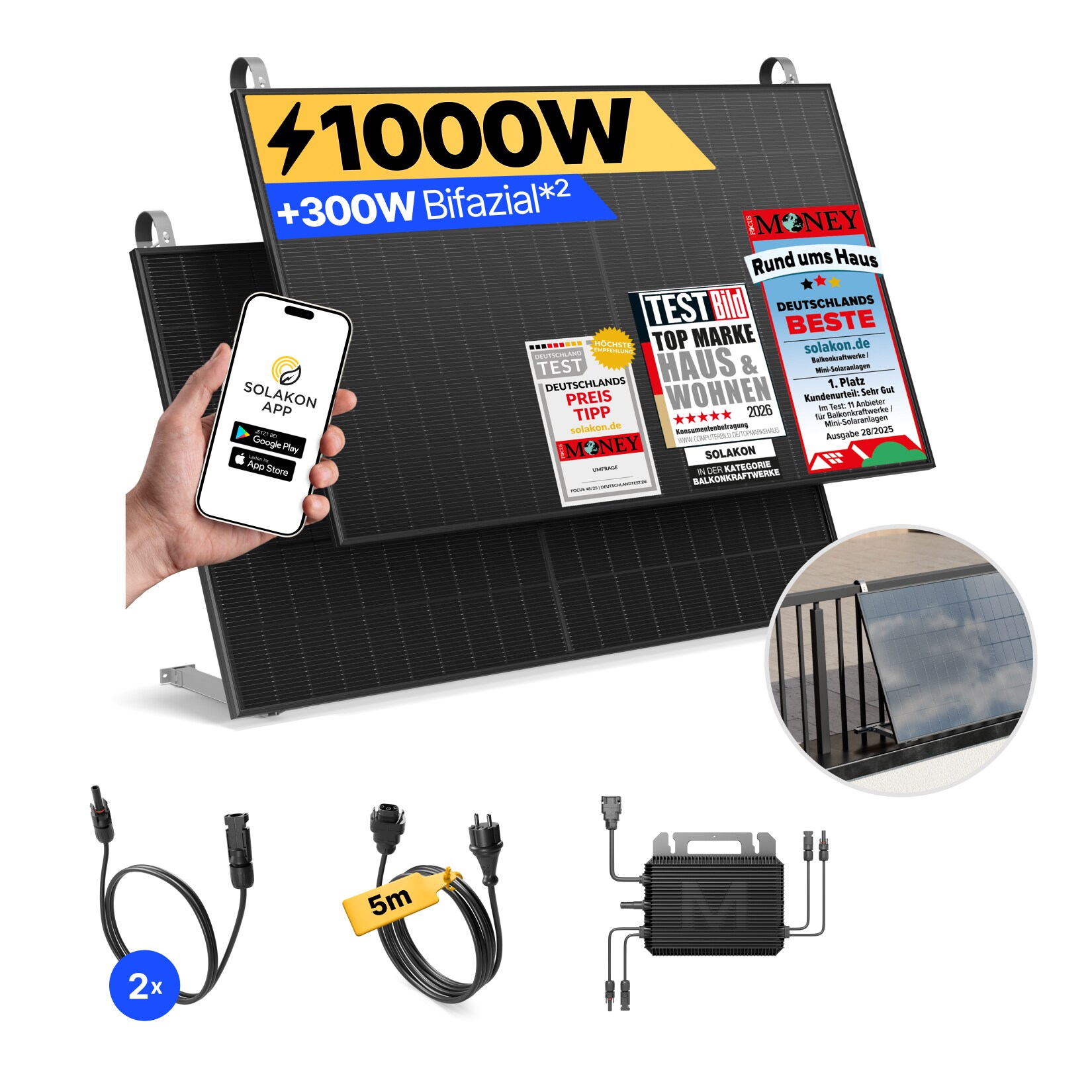 Balkonkraftwerk 1000W/800W Solaranlage mit Balkon Halterung Steckerfertig WIFI Komplettset Photovoltaik Anlage 800W, Kabellänge: 5m