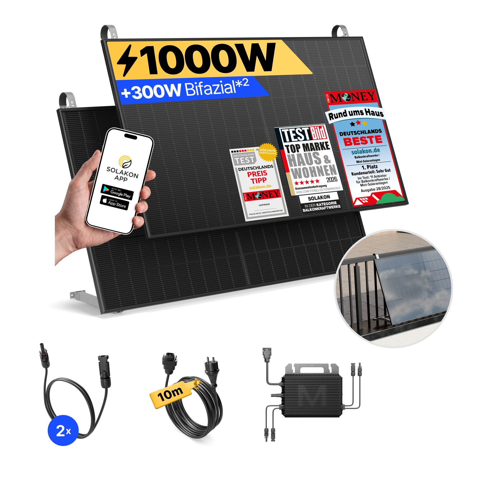 Balkonkraftwerk 1000W/800W Solaranlage mit Balkon Halterung Steckerfertig WIFI Komplettset Photovoltaik Anlage 800W, Kabellänge: 10m