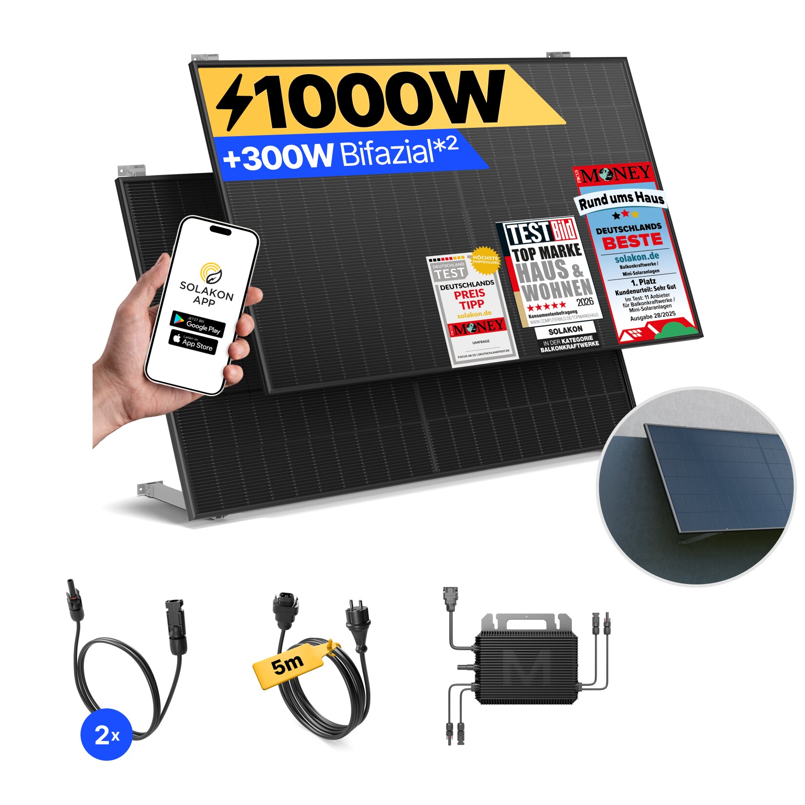 Balkonkraftwerk 1000W/800W Solaranlage mit Wand/Gartenhaus Halterung Steckerfertig WIFI Komplettset Photovoltaik Anlage 800W, Kabellänge: 5m