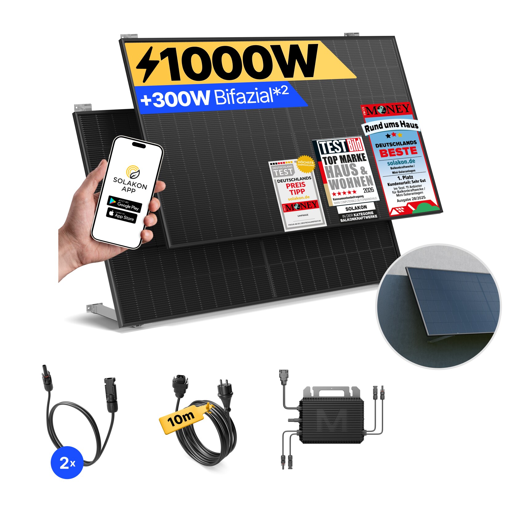 Balkonkraftwerk 1000W/800W Solaranlage mit Wand/Gartenhaus Halterung Steckerfertig WIFI Komplettset Photovoltaik Anlage 800W, Kabellänge: 10m