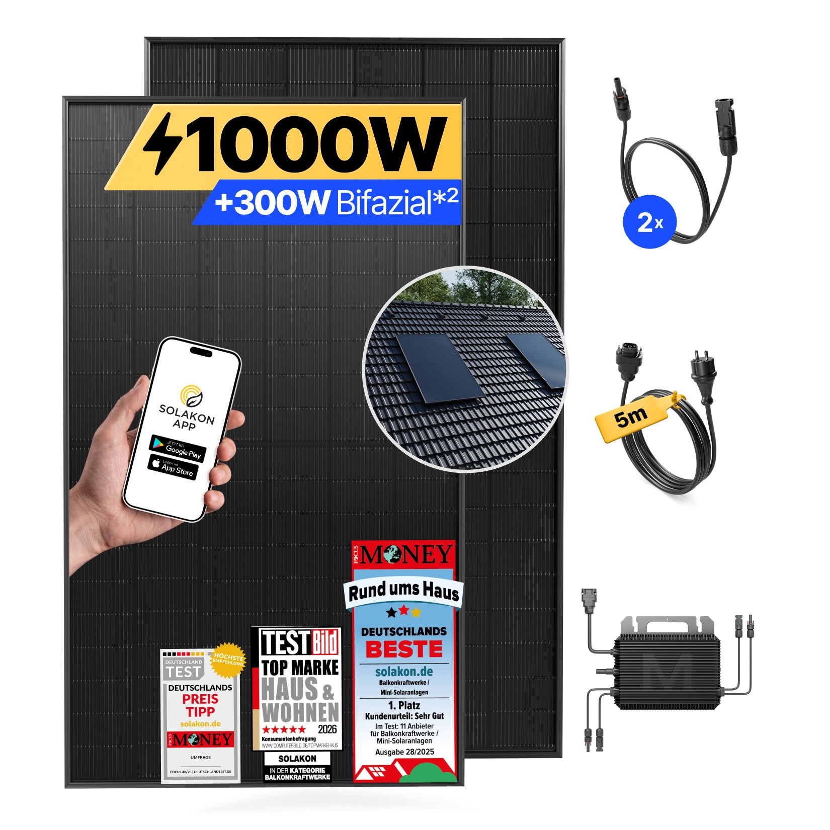 Balkonkraftwerk 1000W/800W Solaranlage mit Dach Halterung (Einzelmontage) Halterung Steckerfertig WIFI Komplettset Photovoltaik Anlage 800W, Kabellänge: 5m