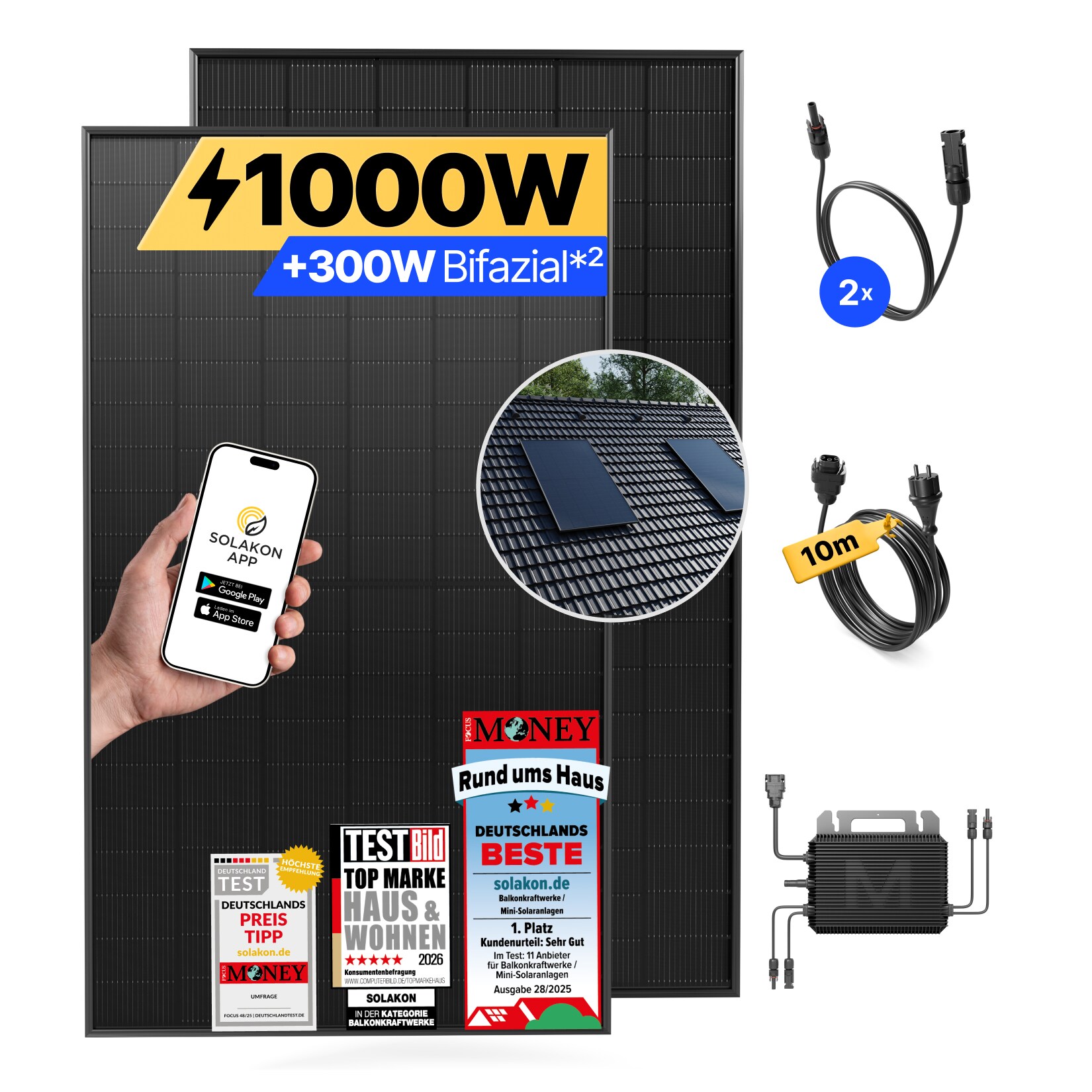 Balkonkraftwerk 1000W/800W Solaranlage mit Dach Halterung (Einzelmontage) Halterung Steckerfertig WIFI Komplettset Photovoltaik Anlage 800W, Kabellänge: 10m