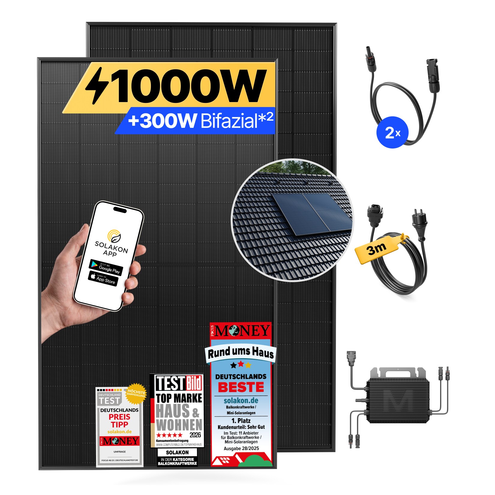 Balkonkraftwerk 1000W/800W Solaranlage mit Dach Halterung (Paarmontage) Halterung Steckerfertig WIFI Komplettset Photovoltaik Anlage 800W, Kabellänge: 5m
