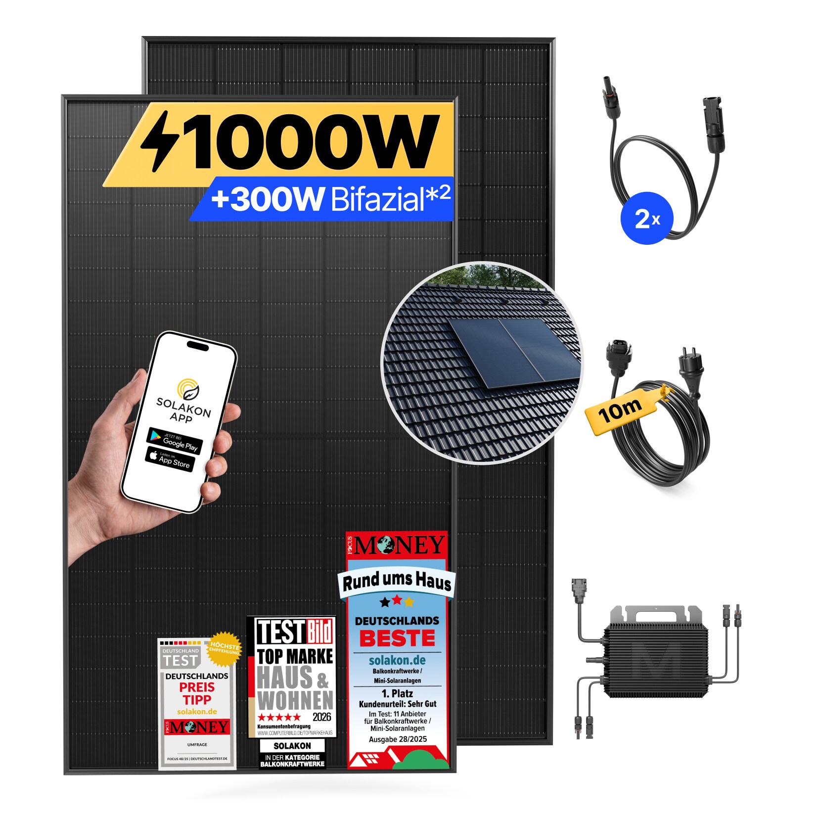 Balkonkraftwerk 1000W/800W Solaranlage mit Dach Halterung (Paarmontage) Halterung Steckerfertig WIFI Komplettset Photovoltaik Anlage 800W, Kabellänge: 10m