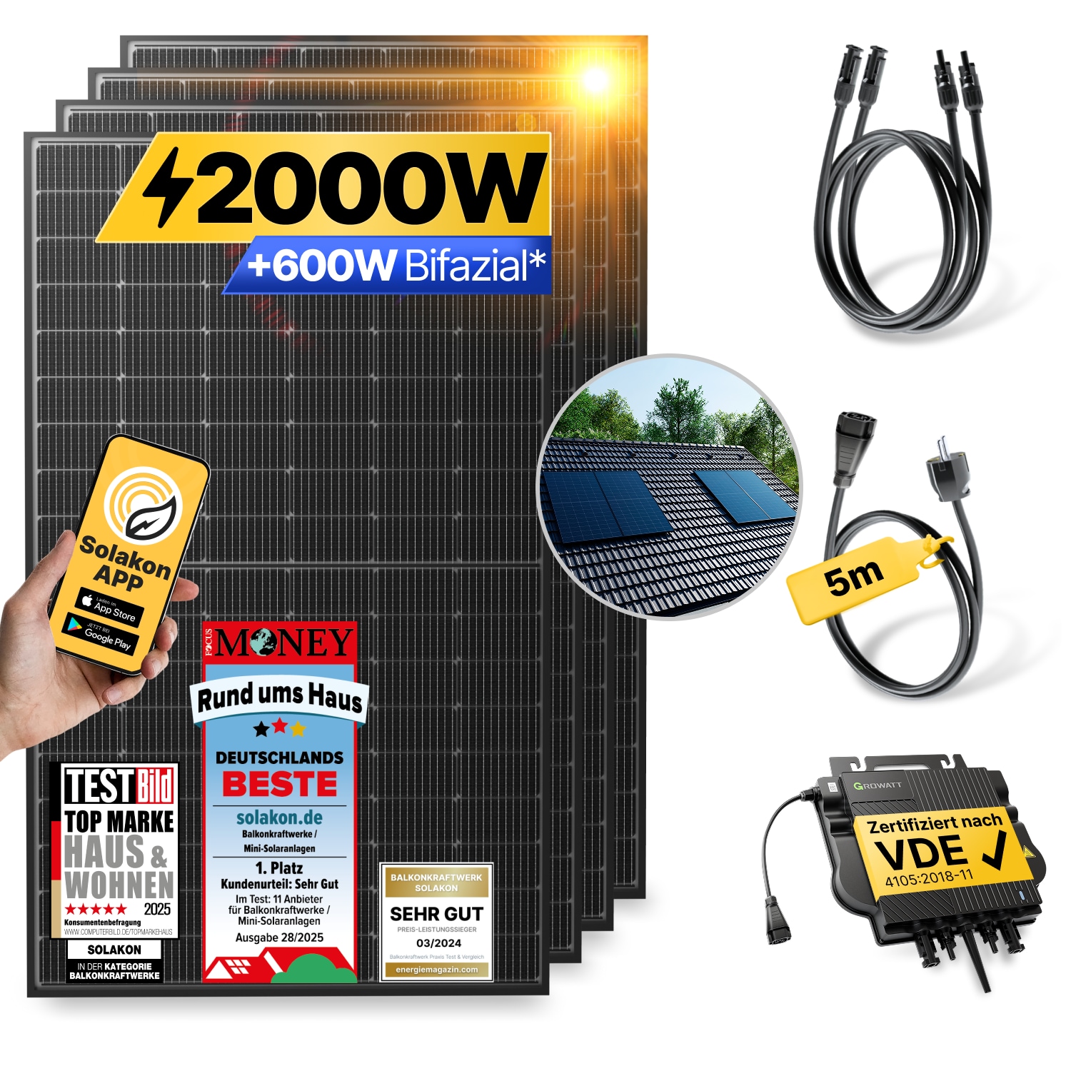 Balkonkraftwerk 2000W/800W Solaranlage mit Dach Halterung (Einzelmontage) Halterung Steckerfertig WIFI Komplettset Photovoltaik Anlage 800W, Kabell&auml;nge: 5m 