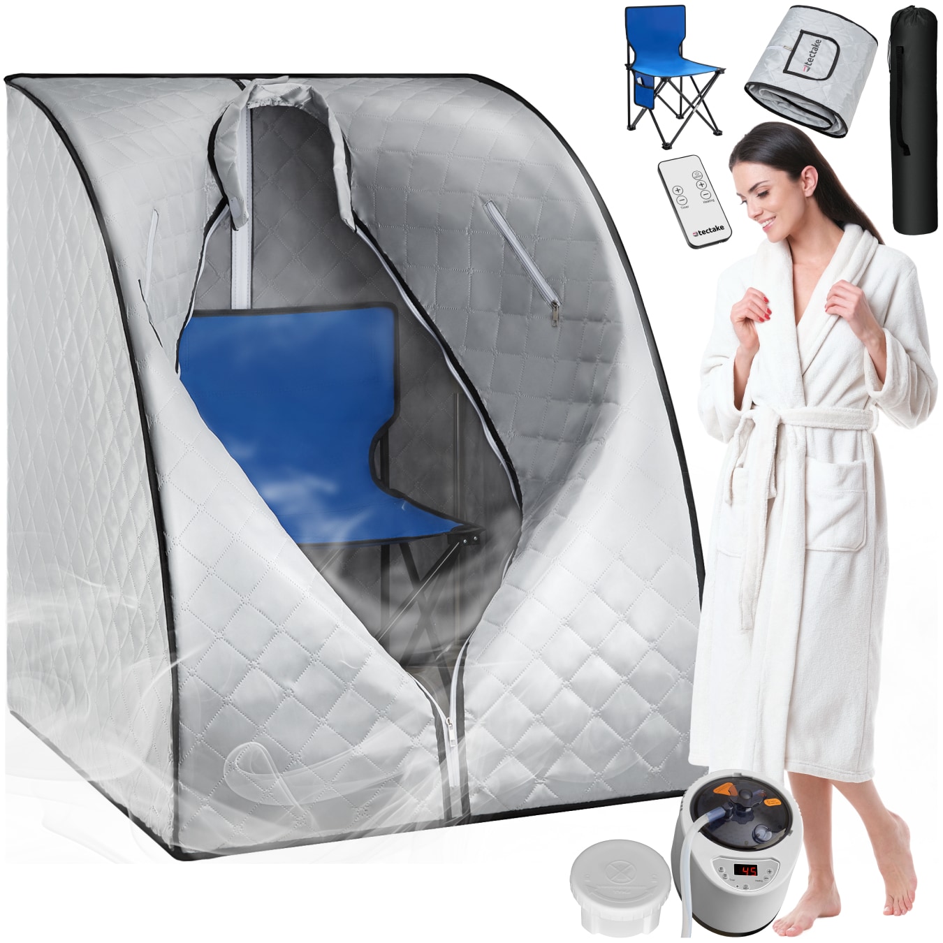 tectake&reg; Mobile Dampfsauna, 2 Liter Dampfgenerator mit 1000 W, Stecksystem, mit Aufbewahrungsfach, inkl. Fernbedienung, Matte, Klappstuhl und Tragetasche 
