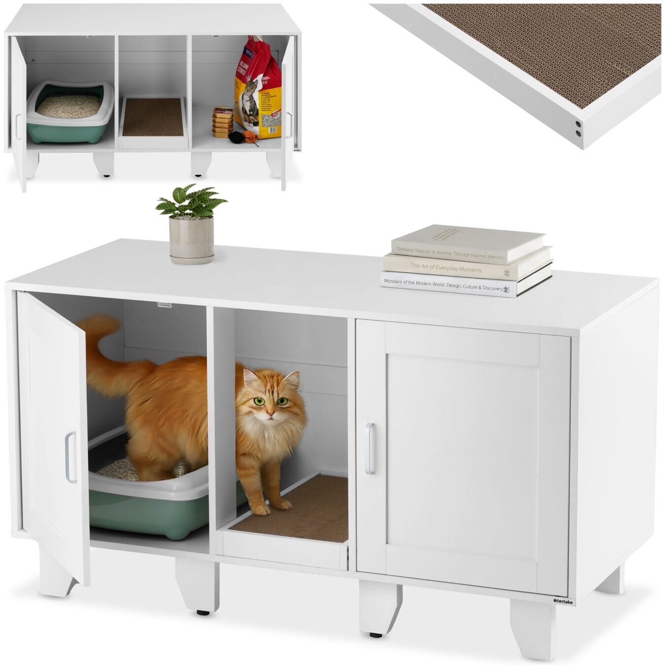 tectake® Katzenschrank, versteckte Eingänge an den Innenseiten, Belüftungslöcher und 4 höhenverstellbare Beine, inklusive Kratzmatte, 120 x 52 x 65 cm
