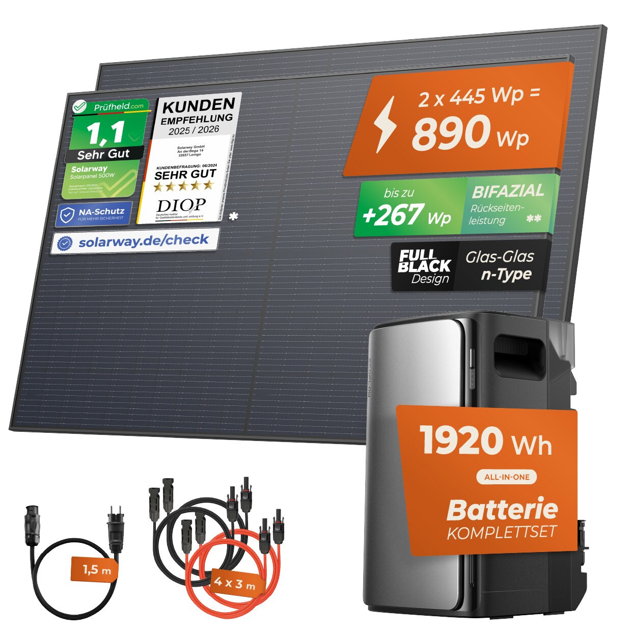 Solarway&reg; 890Wp / 800W Balkonkraftwerk mit 1,9kWh Speicher komplett Steckdose - 1,9 kWh EcoFlow Stream Max - Solaranlage Komplettset - 445W bifaziale Solarmodule & EcoFlow Speicher & Zubeh&ouml;r 