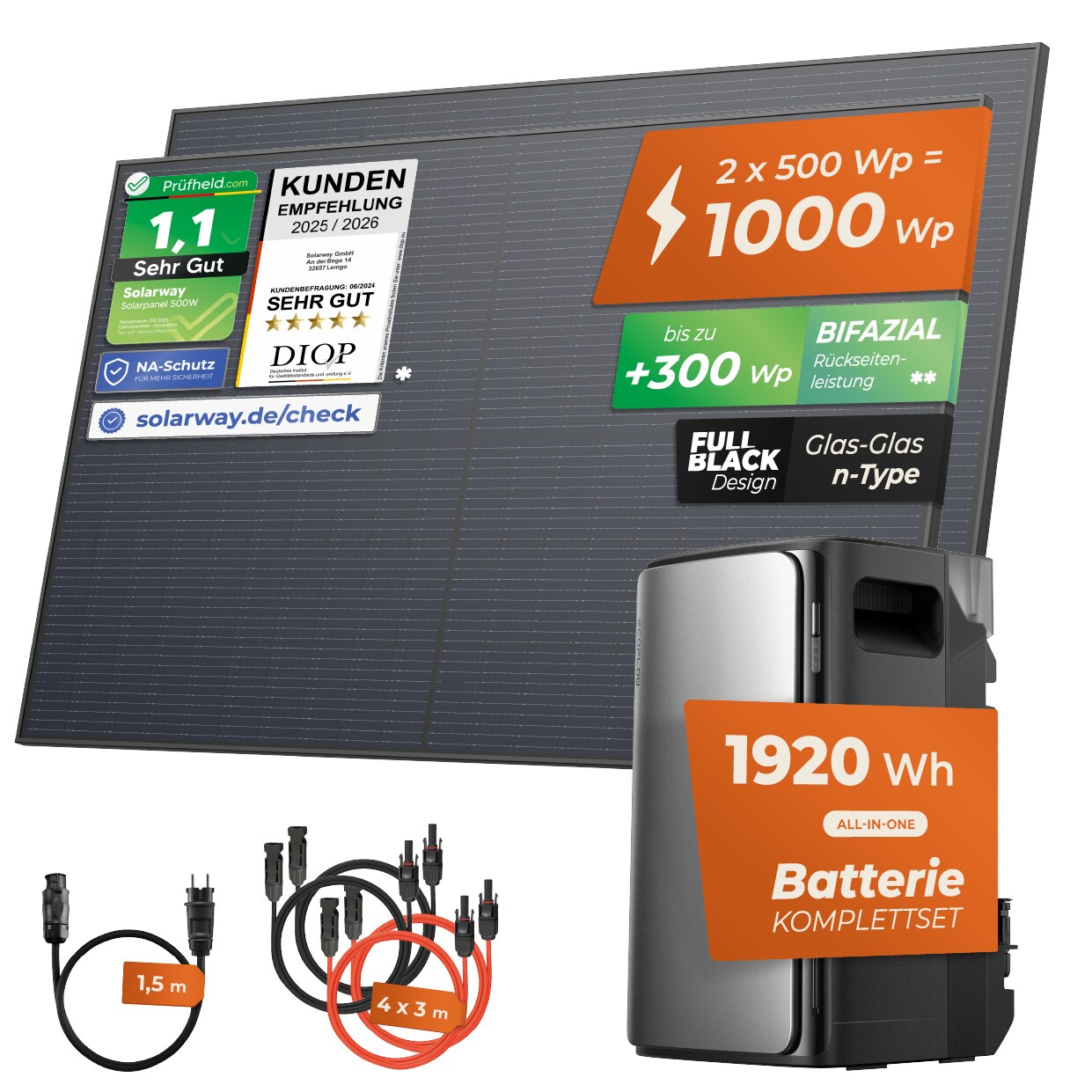 ® 1000Wp / 800W Balkonkraftwerk mit 1,9kWh Speicher komplett Steckdose - 1,9 kWh EcoFlow Stream Max - Solaranlage Komplettset - 500W bifaziale Solarmodule & EcoFlow Speicher & Zubehör