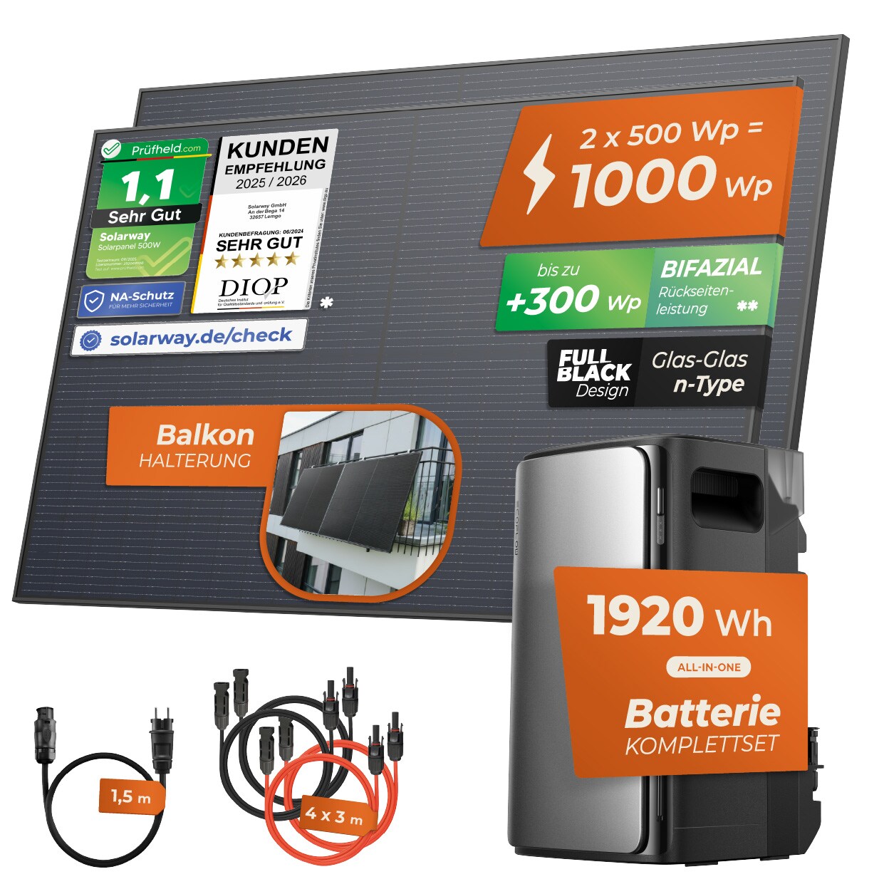® 1000Wp / 800W Balkonkraftwerk mit 1,9kWh Speicher komplett Steckdose - 1,9 kWh EcoFlow Stream Max - Solaranlage Komplettset - 500W bifaziale Solarmodule & EcoFlow Speicher & Zubehör