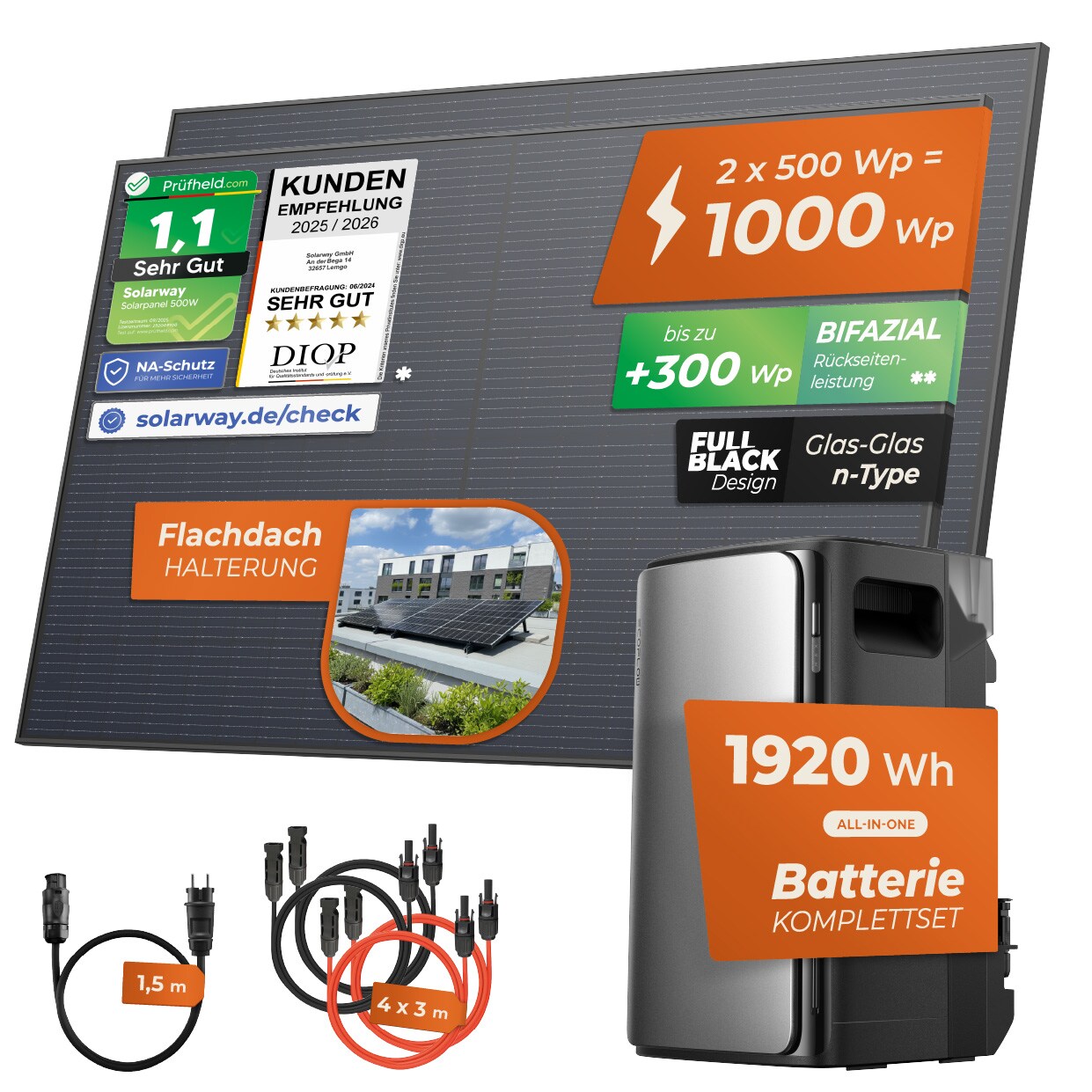 ® 1000Wp / 800W Balkonkraftwerk mit 1,9kWh Speicher komplett Steckdose - 1,9 kWh EcoFlow Stream Max - Solaranlage Komplettset - 500W bifaziale Solarmodule & EcoFlow Speicher & Zubehör
