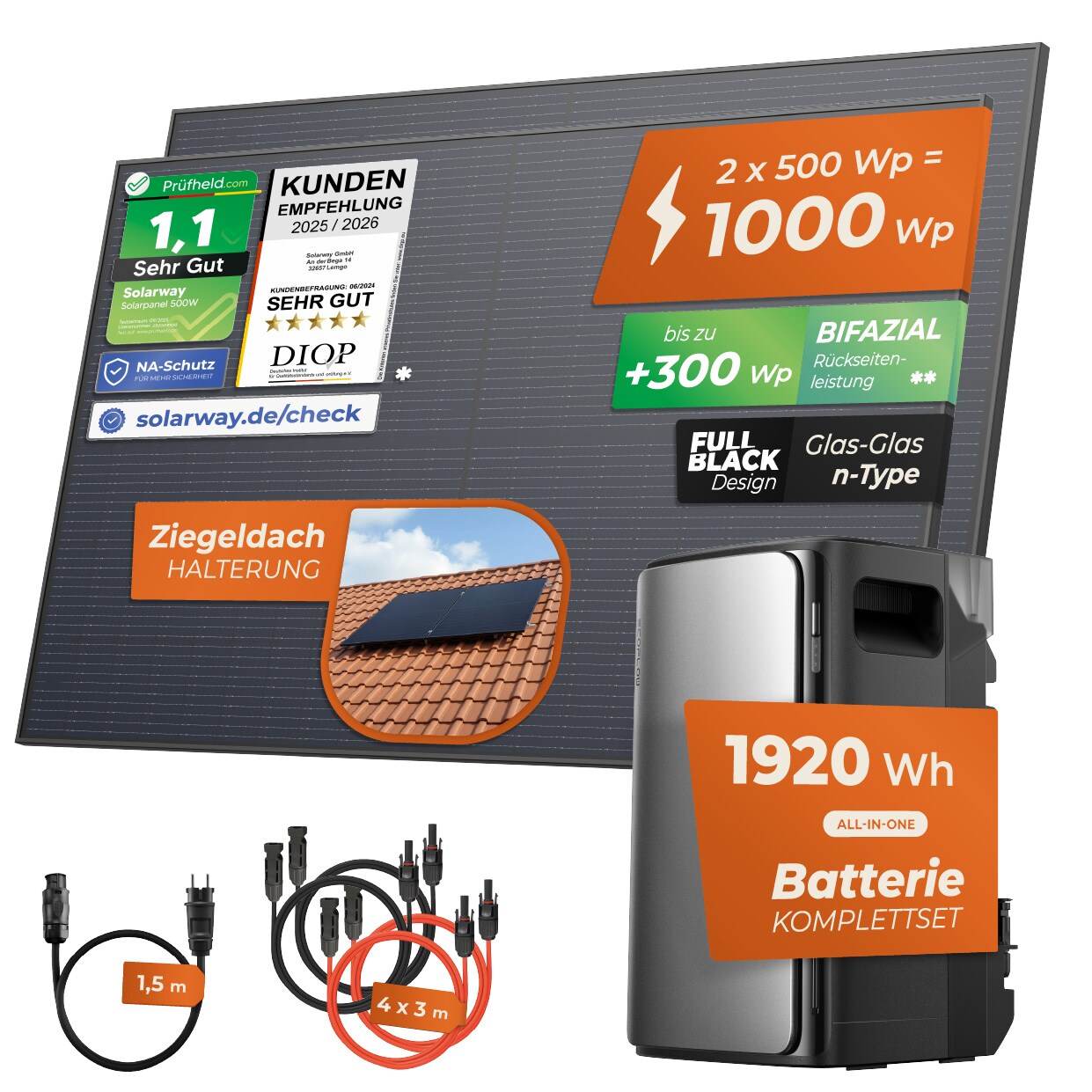 ® 1000Wp / 800W Balkonkraftwerk mit 1,9kWh Speicher komplett Steckdose - 1,9 kWh EcoFlow Stream Max - Solaranlage Komplettset - 500W bifaziale Solarmodule & EcoFlow Speicher & Zubehör