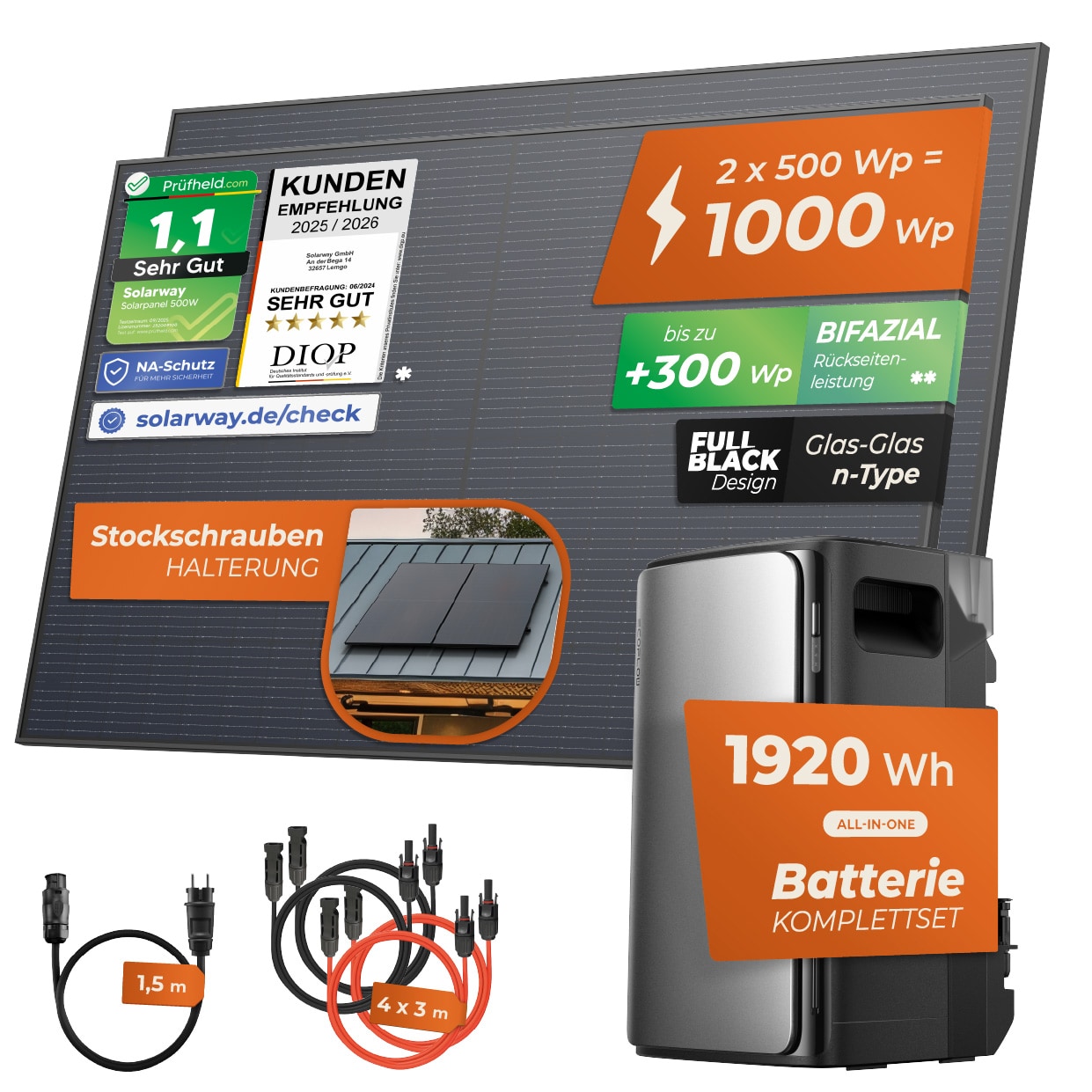 Solarway&reg; 1000Wp / 800W Balkonkraftwerk mit 1,9kWh Speicher komplett Steckdose - 1,9 kWh EcoFlow Stream Max - Solaranlage Komplettset - 500W bifaziale Solarmodule & EcoFlow Speicher & Zubeh&ouml;r 