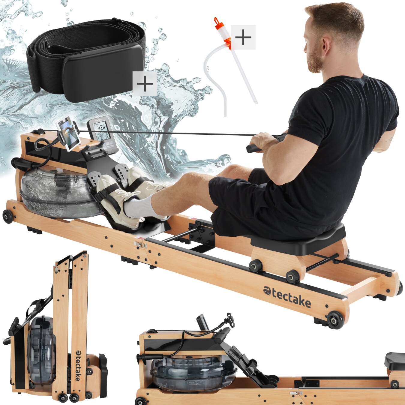 tectake® Holzrudergerät, aus massiver Buche, klappbar, 6-fach verstellbare Pedale, mit LCD-Anzeige, flexibler Handyhalterung und Bluetooth
