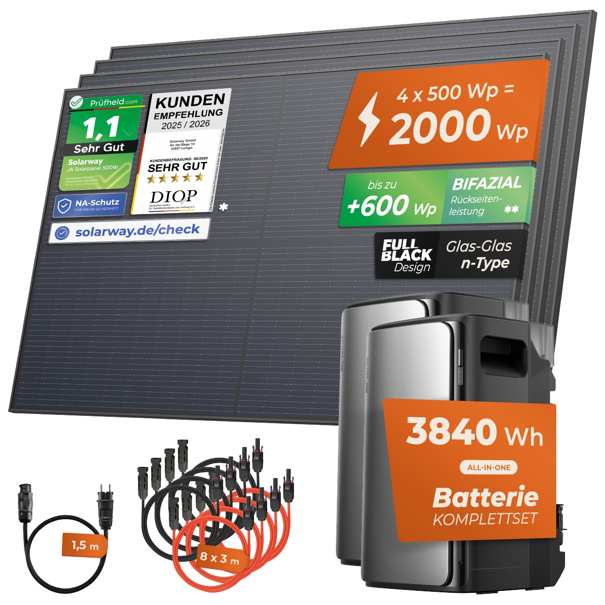 Solarway&reg; 2000Wp / 800W Balkonkraftwerk mit 3,8kWh Speicher komplett Steckdose - 3,8 kWh EcoFlow STREAM Ultra + AC Pro - Solaranlage Komplettset - 500W Solarmodule & EcoFlow Speicher & Zubeh&ouml;r - Ohne Halterung 