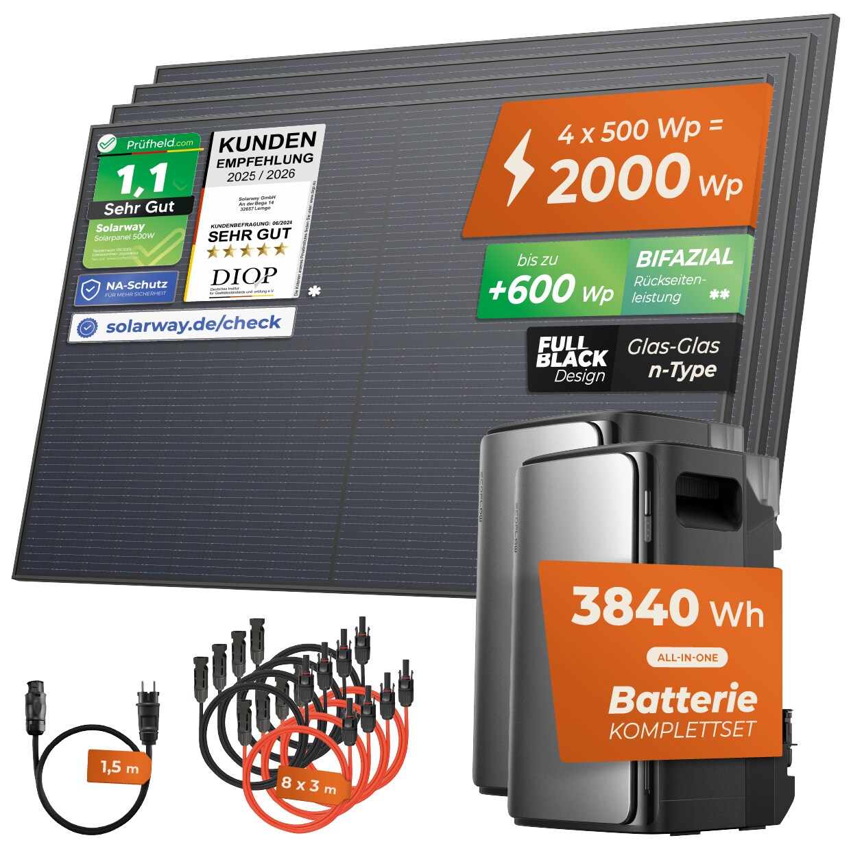 ® 2000Wp / 800W Balkonkraftwerk mit 3,8kWh Speicher komplett Steckdose - 3,8 kWh EcoFlow STREAM Ultra + AC Pro - Solaranlage Komplettset - 500W Solarmodule & EcoFlow Speicher & Zubehör - Ohne Halterung