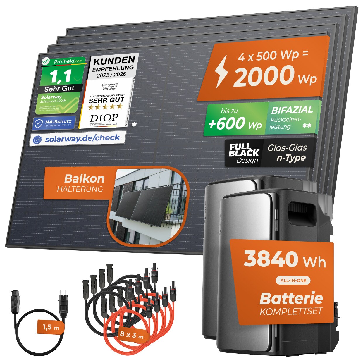 ® 2000Wp / 800W Balkonkraftwerk mit 3,8kWh Speicher komplett Steckdose - 3,8 kWh EcoFlow STREAM Ultra + AC Pro - Solaranlage Komplettset - 500W Solarmodule & EcoFlow Speicher & Zubehör - Balkon Halterung