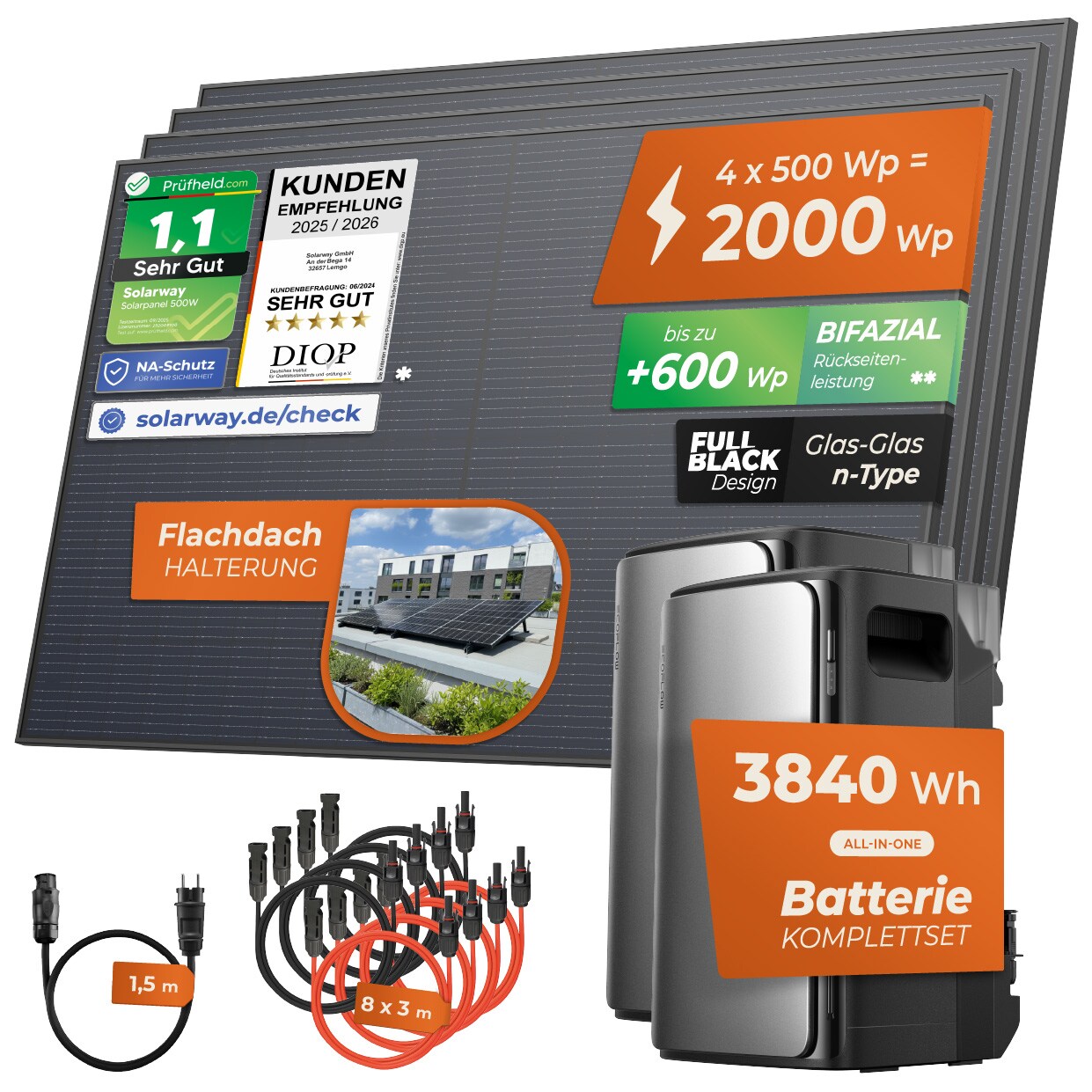 ® 2000Wp / 800W Balkonkraftwerk mit 3,8kWh Speicher komplett Steckdose - 3,8 kWh EcoFlow STREAM Ultra + AC Pro - Solaranlage Komplettset - 500W Solarmodule & EcoFlow Speicher & Zubehör - Flachdach Halterung