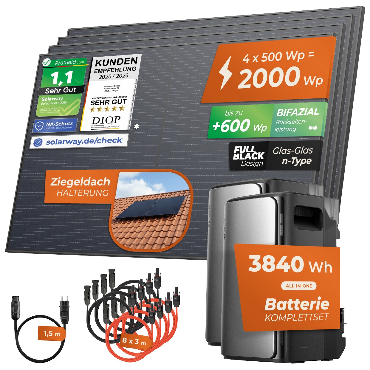® 2000Wp / 800W Balkonkraftwerk mit 3,8kWh Speicher komplett Steckdose - 3,8 kWh EcoFlow STREAM Ultra + AC Pro - Solaranlage Komplettset - 500W Solarmodule & EcoFlow Speicher & Zubehör - Ziegeldach Halterung