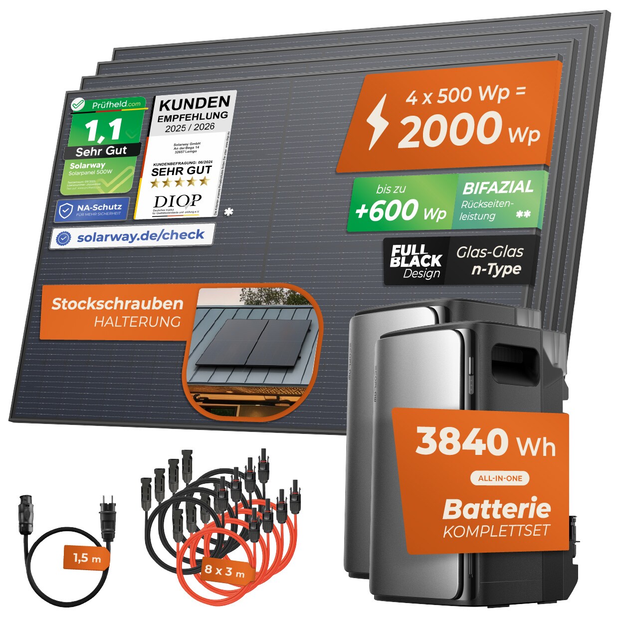 ® 2000Wp / 800W Balkonkraftwerk mit 3,8kWh Speicher komplett Steckdose - 3,8 kWh EcoFlow STREAM Ultra + AC Pro - Solaranlage Komplettset - 500W Solarmodule & EcoFlow Speicher & Zubehör - Stockschrauben Halterung