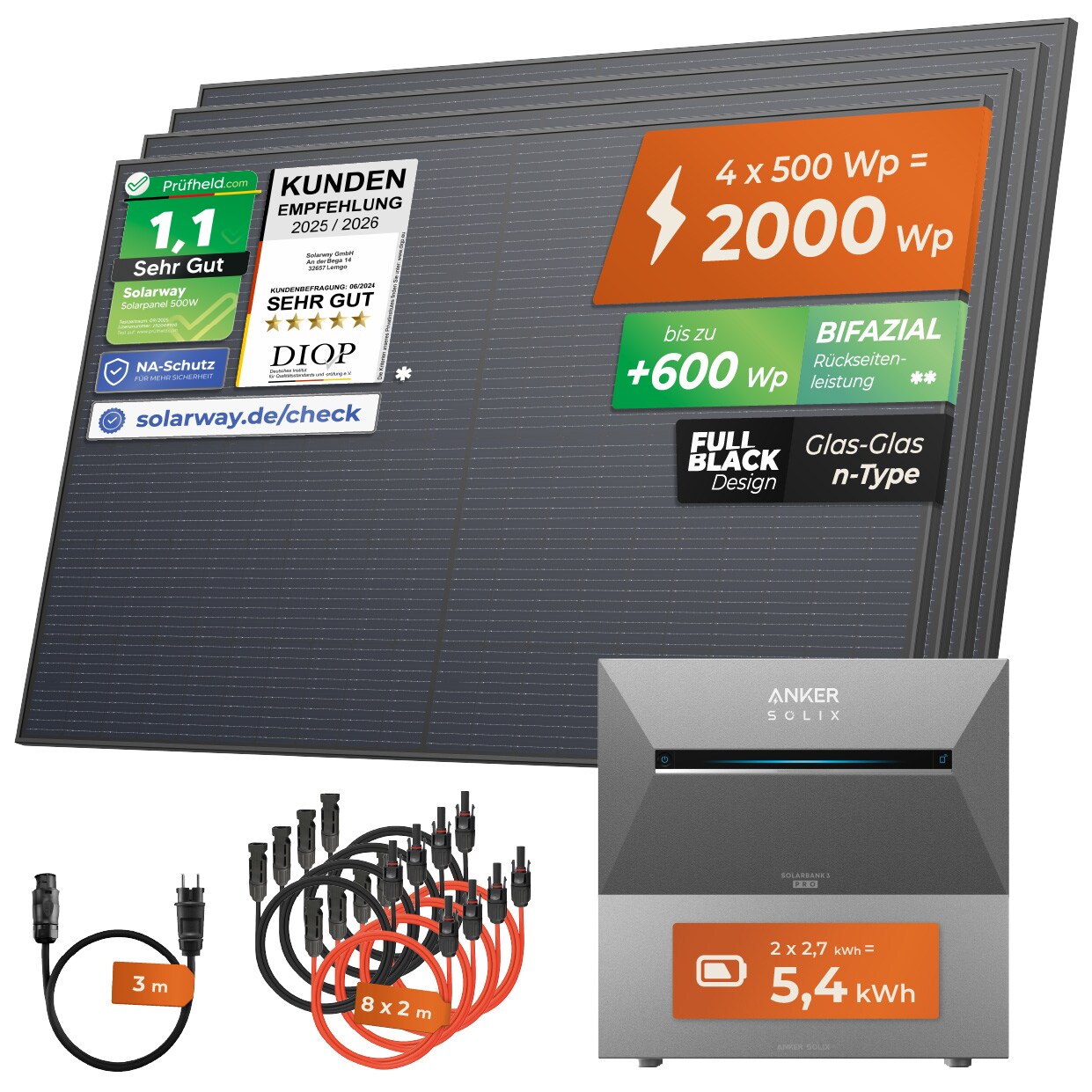 ® 2000Wp / 800W Balkonkraftwerk mit 5,4kWh Speicher komplett Steckdose - 5,4 kWh Anker Solix 3 PRO Speicher - Solaranlage Komplettset - 500W Solarmodule & Anker Speicher & Zubehör - Ohne Halterung