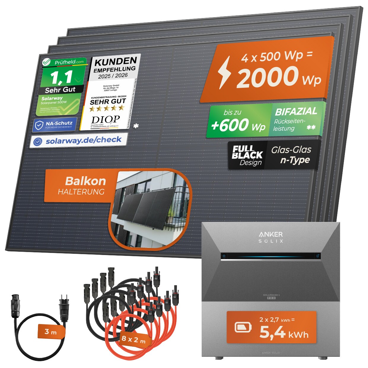 ® 2000Wp / 800W Balkonkraftwerk mit 5,4kWh Speicher komplett Steckdose - 5,4 kWh Anker Solix 3 PRO Speicher - Solaranlage Komplettset - 500W Solarmodule & Anker Speicher & Zubehör - Balkon Halterung