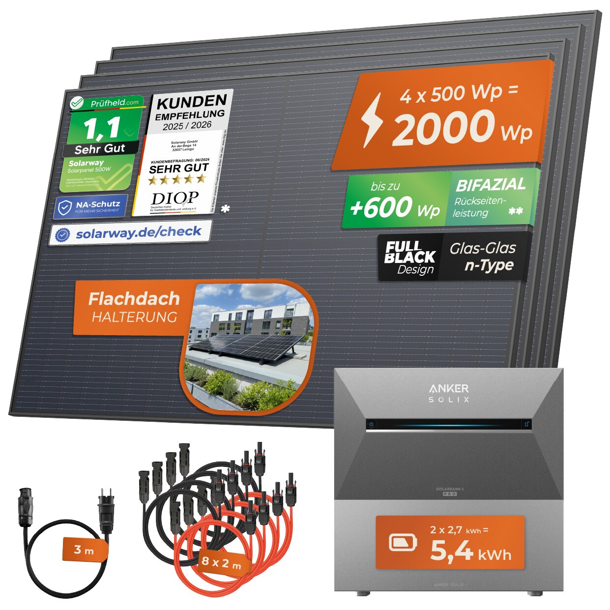 ® 2000Wp / 800W Balkonkraftwerk mit 5,4kWh Speicher komplett Steckdose - 5,4 kWh Anker Solix 3 PRO Speicher - Solaranlage Komplettset - 500W Solarmodule & Anker Speicher & Zubehör - Flachdach Halterung