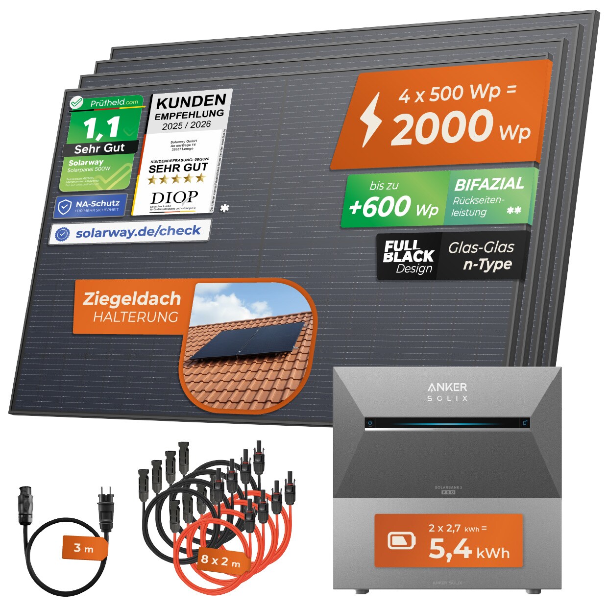 ® 2000Wp / 800W Balkonkraftwerk mit 5,4kWh Speicher komplett Steckdose - 5,4 kWh Anker Solix 3 PRO Speicher - Solaranlage Komplettset - 500W Solarmodule & Anker Speicher & Zubehör - Ziegeldach Halterung
