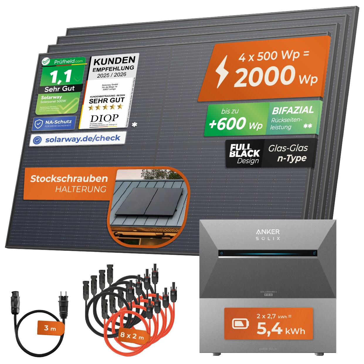 ® 2000Wp / 800W Balkonkraftwerk mit 5,4kWh Speicher komplett Steckdose - 5,4 kWh Anker Solix 3 PRO Speicher - Solaranlage Komplettset - 500W Solarmodule & Anker Speicher & Zubehör - Stockschrauben Halterung