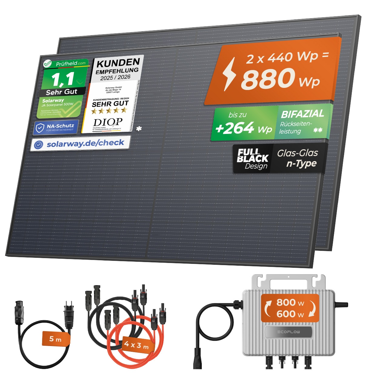 Solarway&reg; 880Wp / 800W Balkonkraftwerk komplett Steckdose - neuester EcoFlow Stream 800 Watt Wechselrichter - Solaranlage Komplettset - 440W bifaziale black Solarmodule & EcoFlow & Zubeh&ouml;r - Ohne Halterung 