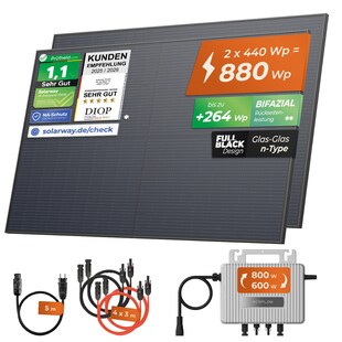 Solarway® 880Wp / 800W Balkonkraftwerk komplett Steckdose - neuester EcoFlow Stream 800 Watt Wechselrichter - Solaranlage Komplettset - 440W bifaziale black Solarmodule & EcoFlow & Zubehör - Ohne Halterung 