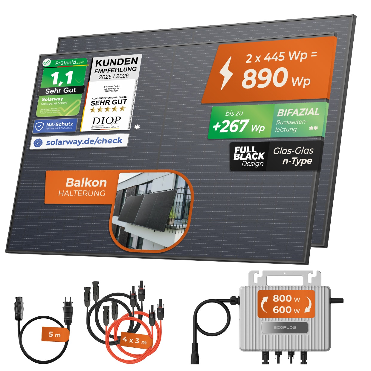 Solarway&reg; 890Wp / 800W Balkonkraftwerk komplett Steckdose - neuester EcoFlow Stream 800 Watt Wechselrichter - Solaranlage Komplettset - 445W bifaziale Solarmodule & EcoFlow & Zubeh&ouml;r 