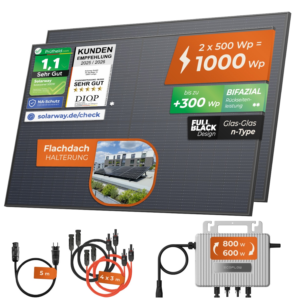 Solarway&reg; 1000Wp / 800W Balkonkraftwerk komplett Steckdose - neuester EcoFlow Stream 800 Watt Wechselrichter - Solaranlage Komplettset - 500W bifaziale black Solarmodule & EcoFlow & Zubeh&ouml;r 
