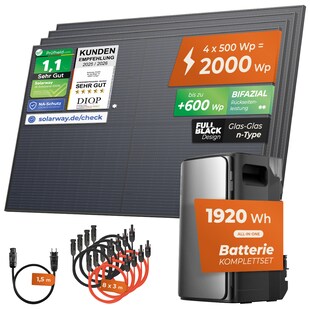 Solarway® 2000Wp / 800W Balkonkraftwerk mit 1,9kWh Speicher komplett Steckdose - 1,9 kWh EcoFlow STREAM Ultra - Solaranlage Komplettset - 500W Solarmodule & EcoFlow Speicher & Zubehör - Ohne Halterung 