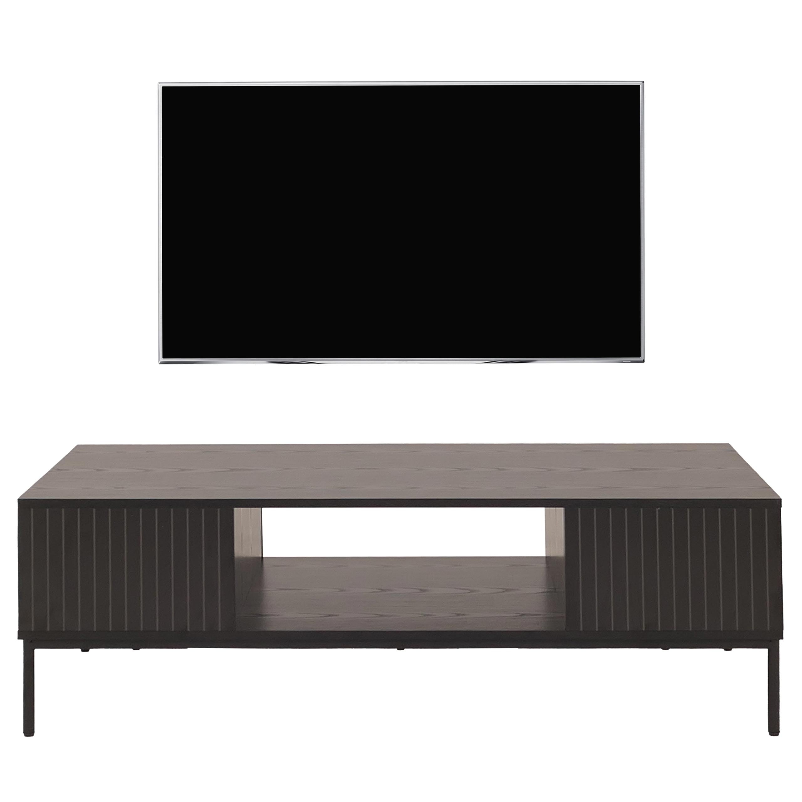TV-Rack MCW-O39, TV-Board Fernsehtisch Lowboard TV-Schrank Ablage F&auml;cher, Melamin MDF 39x120x60cm ~ Holzoptik schwarz 