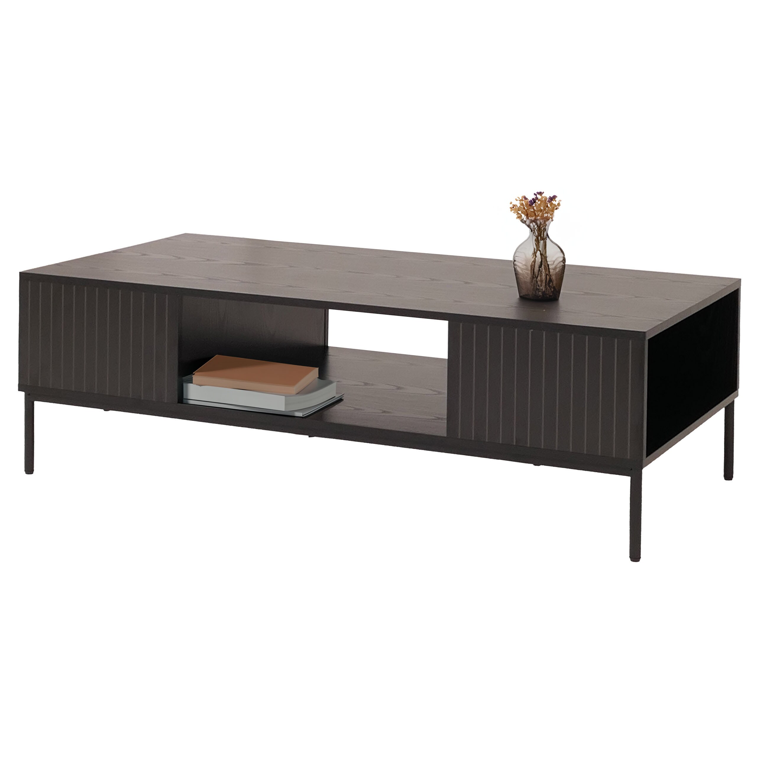 Couchtisch MCW-O39, Tisch Sofatisch Beistelltisch Ablage F&auml;cher, Melamin MDF 39x120x60cm ~ Holzoptik schwarz 
