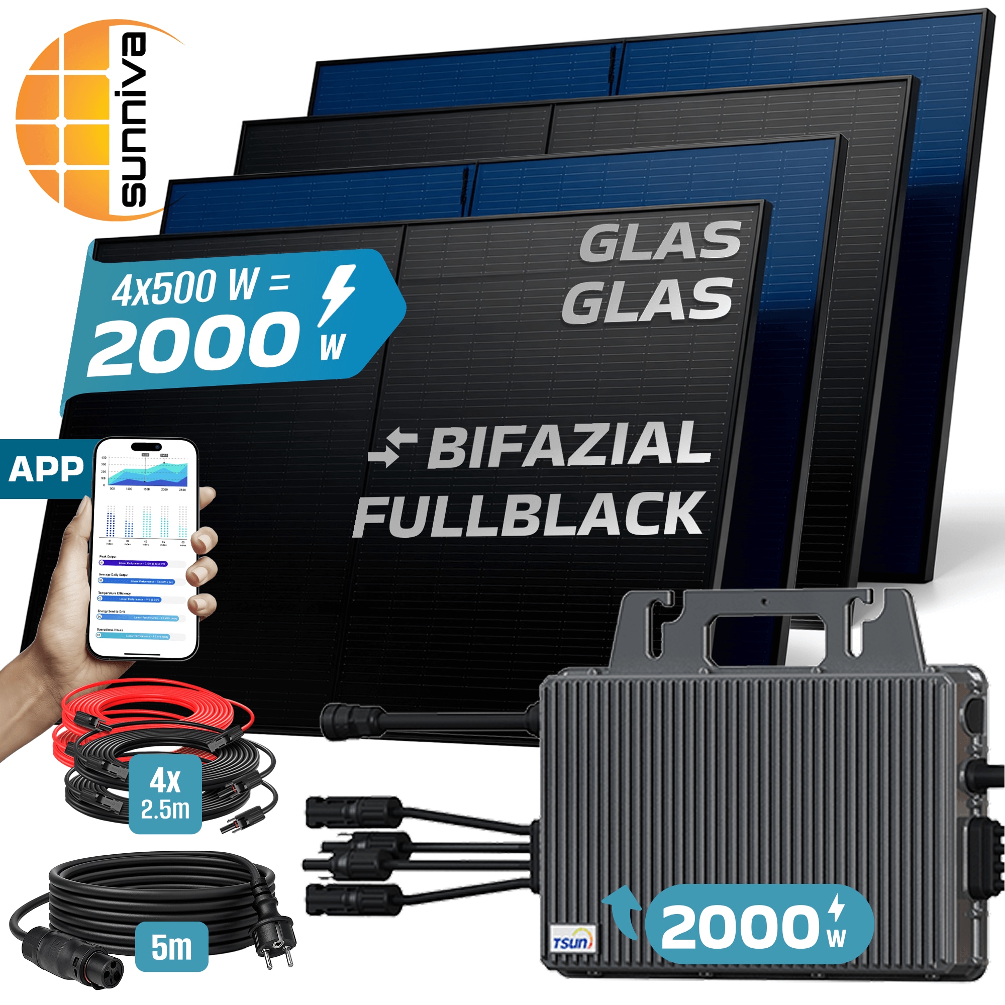 SUNNIVA&reg; 2000W Balkonkraftwerk BIFAZIAL FULLBLACK komplett Steckdose TSUN 2000 Watt Wechselrichter, PV Solaranlage Komplettset, 4x 500W N-Type Glas-Glas Bifacial Solarmodule, 5m Kabel & 4x 2.5m Solarkabel 