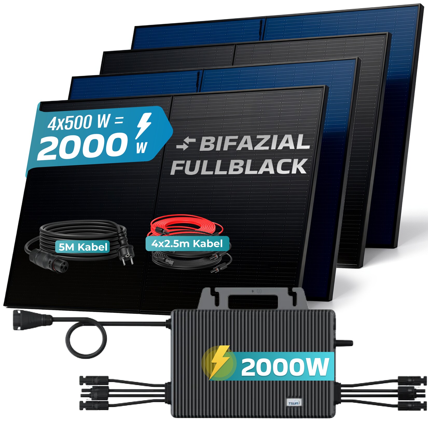 ® 2000W Balkonkraftwerk BIFAZIAL FULLBLACK komplett Steckdose TSUN 2000 Watt Wechselrichter, PV Solaranlage Komplettset, 4x 500W N-Type Glas-Glas Bifacial Solarmodule, 5m Kabel & 4x 2.5m Solarkabel