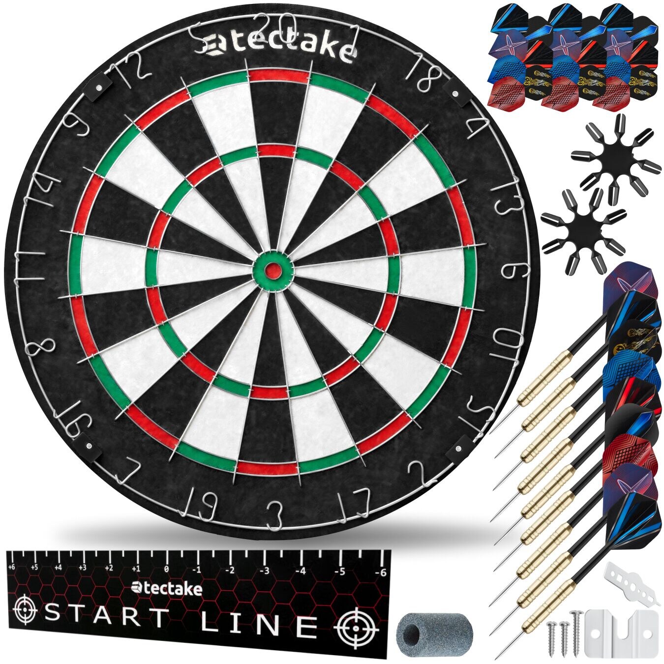 tectake® Dartscheibe, aus robustem Sisal mit ultradünnem Draht, extra breiter Fangring, Zubehör aus Anspitzer, 16 Flight-Schützern und Startlinie