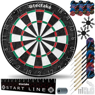tectake® Dartscheibe, aus robustem Sisal mit ultradünnem Draht, extra breiter Fangring, Zubehör aus Anspitzer, 16 Flight-Schützern und Startlinie 