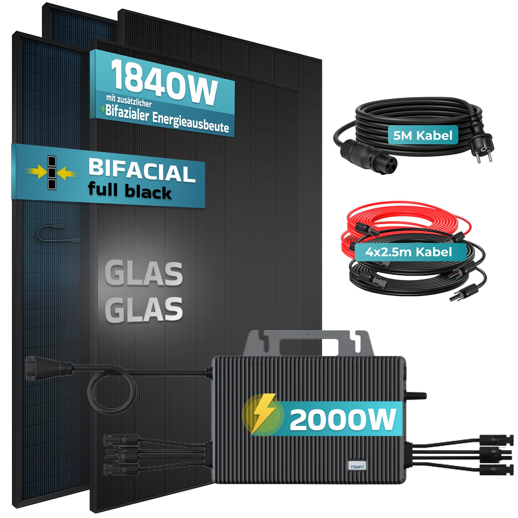 ® 1840W Balkonkraftwerk BIFAZIAL FULLBLACK komplett Steckdose TSUN 2000W Wechselrichter, PV Solaranlage, 4x 460W Glas-Glas Solarmodule, inkl. 5m Kabel, Bluetooth WIFI, Komplettset