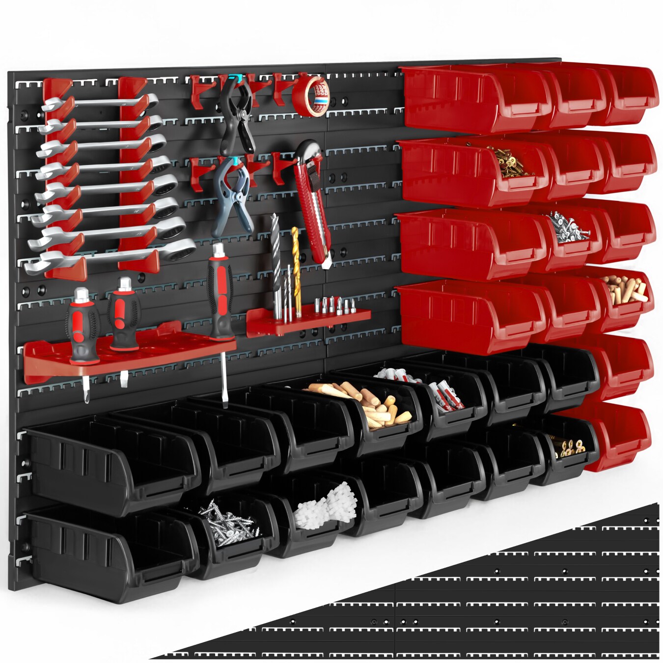 tectake® Kleinteilemagazin, 44-teilig, mit 2 Wandplatten, komfortable Eingriffsöffnung, inklusive Halterungen für Werkzeug und Zubehör