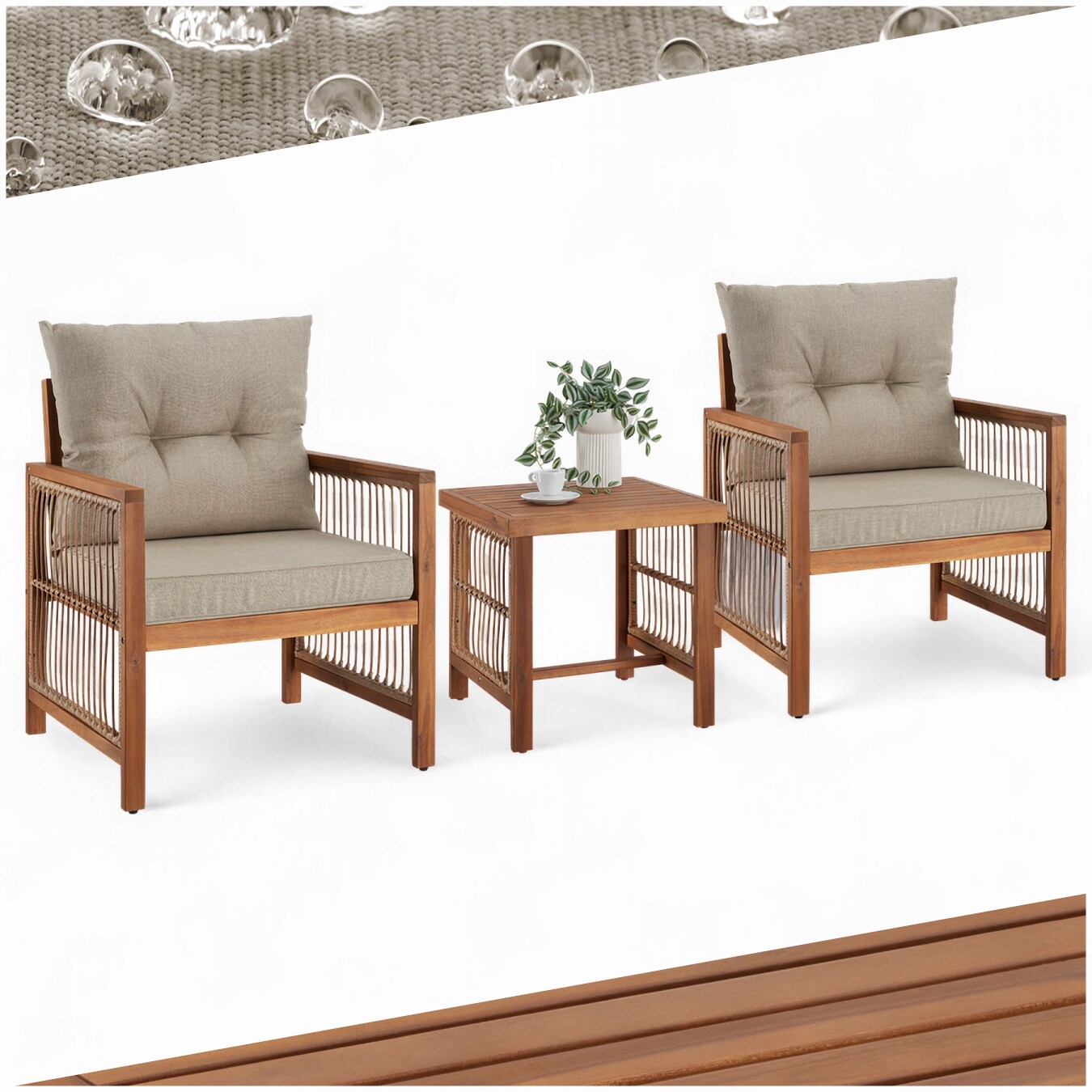 tectake&reg; Lounge-Set, massives Holzgestell mit Polyrattan im Rope-Design, wasserabweisende, abnehmbare Polyesterbez&uuml;ge, Sessel mit je 2 h&ouml;henverstellbaren Kunststofff&uuml;&szlig;en 