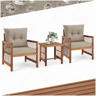 tectake® Lounge-Set, massives Holzgestell mit Polyrattan im Rope-Design, wasserabweisende, abnehmbare Polyesterbezüge, Sessel mit je 2 höhenverstellbaren Kunststofffüßen 